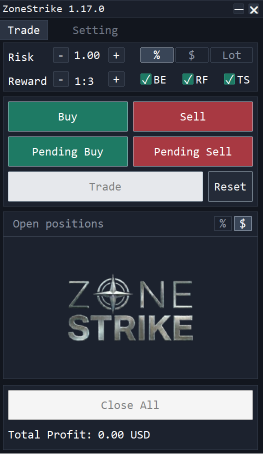 The ZoneStrike Trade Assistant panel in MetaTrader 5 — risk and reward steppers, break-even, risk-free and trailing-stop toggles, one-click buy and sell, pending orders, and a live open-positions tracker.